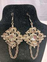 Gold-Tone Filigree Chandelier Dangle Earrings with Clear & Black Stones, Double Chain Drop - 3
