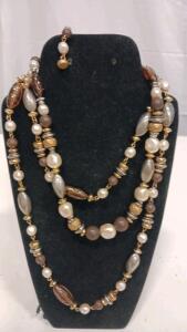 Multi-Strand Beaded Necklace, Earth Tone Faux Pearls, Glass & Metallic Beads, 30 Inches