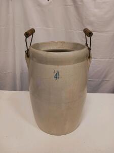 4 Gallon Stoneware Crock with Metal/Wood Handles, 16" Tall, Blue Mark, Glazed Ceramic