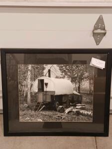 Framed Black and White Photo Print of Vintage Shepherd&rsquo;s Wagon, 26"x24" Black Frame