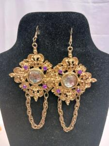 Gold-Tone Filigree Dangle Earrings with Purple Rhinestones and Chain Accents