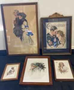 Framed Harrison Fisher Cosmopolitan July Cover and Edwardian-Era Prints