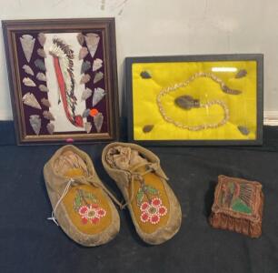 Native American Collectibles: Framed Arrowhead Art, Rattlesnake Display, Beaded Moccasins, Leather Pouch