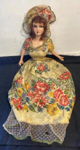 Vintage 20" Composition Doll, Floral Dress & Bonnet, 1930s-50s Era, Moveable Arms