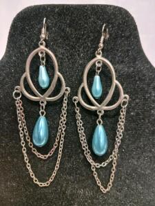 Silver Dangle Earrings with Blue Teardrop Beads, Double Chain Design, Fish Hook Fastening