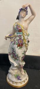 Casades Porcelain Figurine - Seated Woman with Fruit Basket, 9.5" Tall, Made in Spain