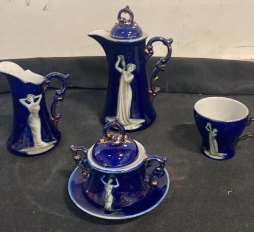 Antique Fedora Porcelain Tea/Coffee Set, Cobalt Blue with Gold Gilt and Classical Female Figures