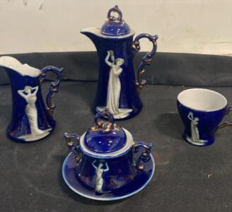 Antique Fedora Porcelain Tea/Coffee Set, Cobalt Blue with Gold Gilt and Classical Female Figures