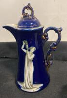 Antique Fedora Porcelain Tea/Coffee Set, Cobalt Blue with Gold Gilt and Classical Female Figures - 2