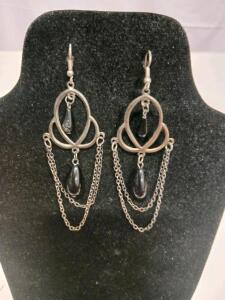 Chandelier Dangle Earrings, Silver-tone Alloy, Black Teardrop Beads, Fishhook Closure