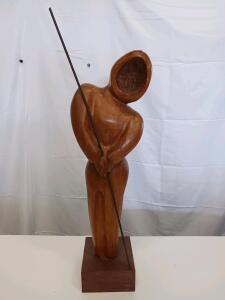 Hand-Carved Abstract Wooden Sculpture, 24" Tall, Human Figure with Metal Staff on Wood Base