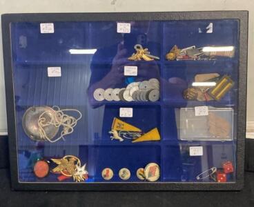 WWII Collectibles Display Case &ndash; Pins, Tokens, Knives, Pennants, Dice, Era 1939-1945, 25+ Pieces