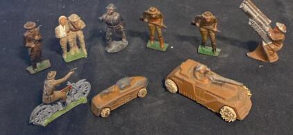 Vintage Lead Toy Soldiers and Military Vehicles Set, 1930s-50s, 10 Mixed Figures & Vehicles