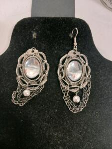 Silver-tone Dangle Earrings with Oval Clear Cabochon, Faux Pearl, Chain Accent, Filigree