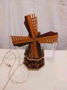 Vintage Electric Wooden Windmill Table Lamp with Rotating Blades and Corded Power