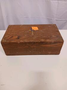 Antique Wooden Keepsake Box with Brass Hardware and Purple Velvet Lining