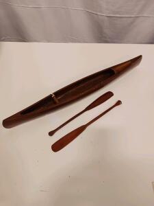 Vintage Handmade Wooden Canoe Model with Paddles, Approx. 20" Length