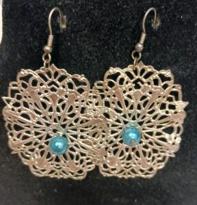 Ornate Silver-Tone Filigree Dangle Earrings with Blue Center Bead, Fishhook Style, Modern