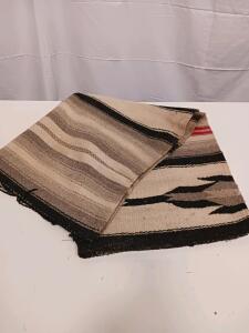 Handwoven Southwestern Wool Blanket, Geometric Striped, 36x24 in, Black/Gray/Red, No Fringe