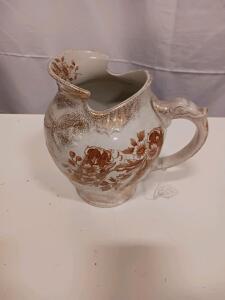 Antique Victorian Floral Transferware Ceramic Water Pitcher, Ornate Handle, Gold Gilt Accent