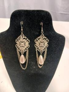Silver Filigree Dangle Earrings with Teardrop Faux Pearl & Chain Accents, Fish Hook Backing