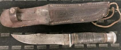 Vintage Fixed-Blade Hunting Knife 9" with 5" Carbon Steel Blade, Stacked Leather Handle, Leather Sheath