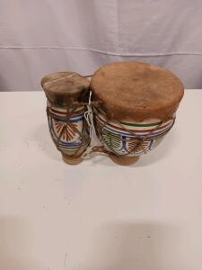 Handmade Painted Folk Clay Bongo Drums &ndash; Dual Head, Goatskin, Decorative, Approx. 8"x7.5"/5"