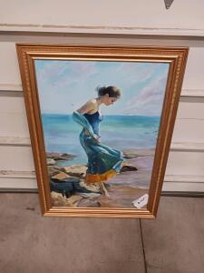 Framed Oil Painting: Woman by the Sea, Impressionist Style, 32x22 Inches