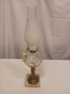 Vintage Glass & Brass Oil Lamp with Marble Base, Patterned Font, Frosted Hurricane Chimney, c.1900