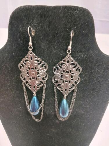 Sterling Silver Filigree Dangle Earrings with Blue Topaz Teardrop Stones