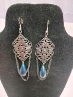 Sterling Silver Filigree Dangle Earrings with Blue Topaz Teardrop Stones
