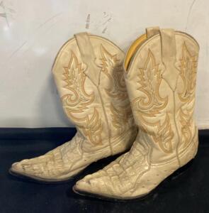 Men's Size 6.5 EE Full Quill Ostrich Cowboy Boots, Cream Color, Snip Toe, 12" Shaft