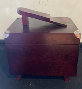 Wooden Shoe Shine Box with Footrest and Drawer, Dark Mahogany Finish, Metal Hardware, 12"x9"x9"