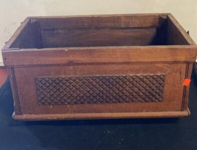Vintage Wooden Grain Bin with Handles, Decorative Carved Panel, 20"x11&rdquo;. Hardwood