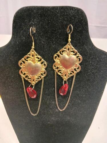 Gold Filigree Heart Dangle Earrings with Red Teardrop Beads and Chains, Fishhook Closure