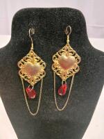 Gold Filigree Heart Dangle Earrings with Red Teardrop Beads and Chains, Fishhook Closure - 2
