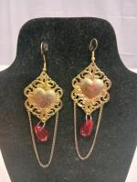 Gold Filigree Heart Dangle Earrings with Red Teardrop Beads and Chains, Fishhook Closure - 3