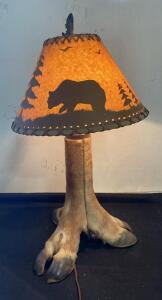 Rustic Taxidermy Deer Foot Table Lamp with Bear & Moose Forest Shade, 22" Tall, Wildlife Decor ( Working )