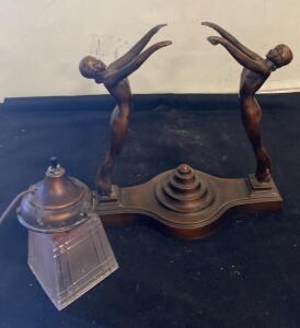 Art Deco Table Lamp Bronze Finish Nude Female Figures 1920s-30s Glass Shade Vintage ( Working )