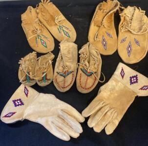 Handmade Native American-Style Beaded Moccasins & Gloves Set &ndash; 2 Adult, 1 Child Moccasins; 2 Adult Gloves