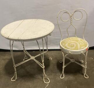 Vintage Child&rsquo;s Bistro Table & Chair Set &ndash; Wrought Iron Frame, Wooden Tabletop, Fabric Seat