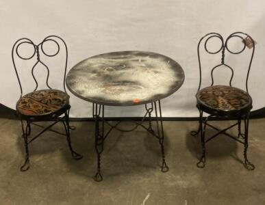 Vintage Child&rsquo;s Wrought Iron Ice Cream Parlor Set &ndash; 2 Chairs, Round Table, Twisted Legs