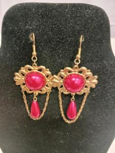 Gold-Tone Pink Faux Pearl Dangle Earrings with Chain Detail