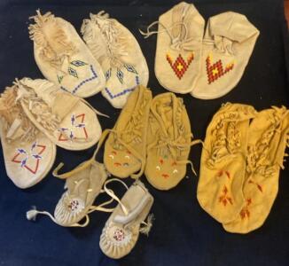Collection of 6 Pairs Native American Beaded Leather Moccasins, Adult & Baby Sizes, Fringe & Lace
