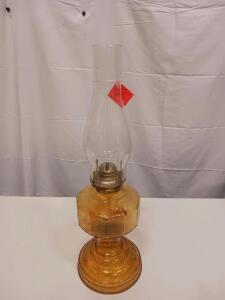 Amber Glass Table Oil Lamp with Decorative Pressed Pattern & Clear Chimney, Approx. 15" Tall