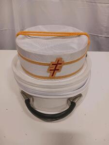 Masonic Knights Templar Chapeau White with Gold Cross, Carrying Case, Medium Size