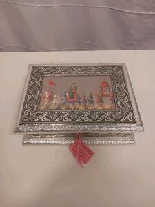 Silver-Plated Decorative Jewelry Box 9x7 in with Rajasthani Miniature Painting, Floral Engraving