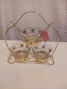 Vintage Gold Leaf Glass Serving Bowl Set with Brass Rack, 3 Bowls, Mid Century, 1950s&ndash;60s
