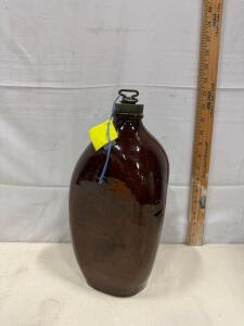 Bennington Stoneware Bed Warmer, Brown Glaze, Metal Cap, 12.5 inch, 19th Century USA