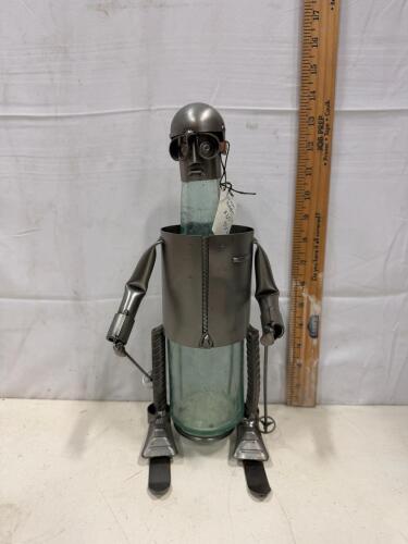 Metal Skier Wine Bottle Holder, Handcrafted Novelty Caddy, 14" Tall with Glass Bottle
